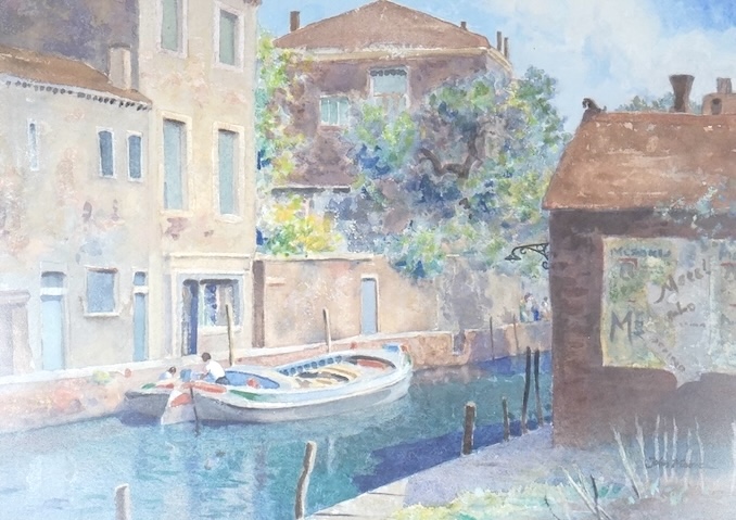 Rear Admiral Humfrey John Bradley Moore RI (1898-1985), watercolour, Venice, Barge in a side canal, signed, Royal Institute gallery's label verso, 27 x 37cm